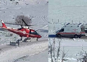 Yoğun kar altında kalp krizi geçiren hasta helikopterle hastaneye ulaştırıldı